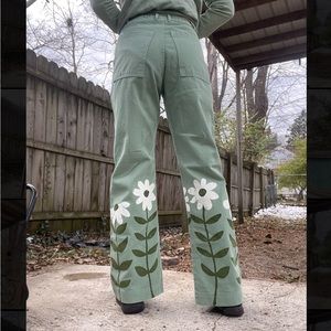Sage Green painted flowers western pants